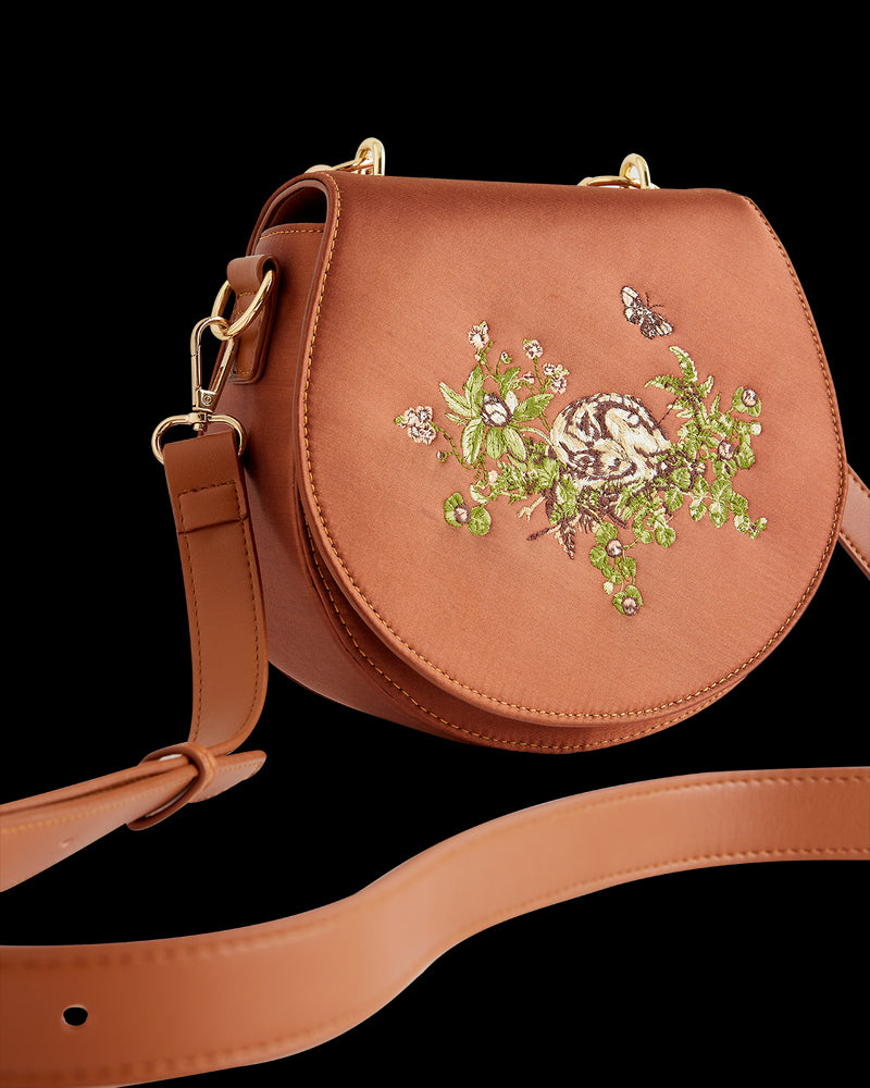 Sleepy Fawn Embroidered Satin Saddle Bag