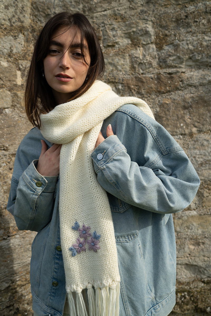 Forget-Me-Not Knitted Cream Scarf