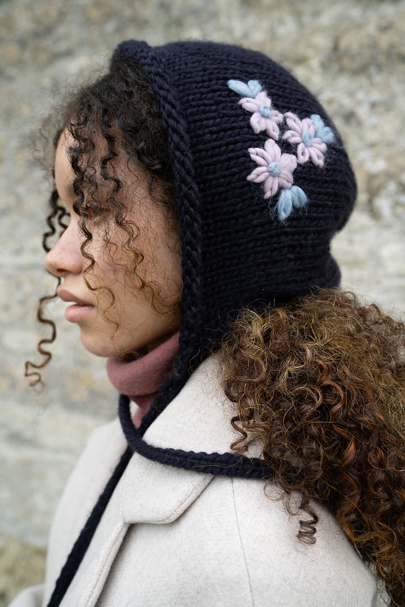 Forget-Me-Not Knitted Navy Bonnet