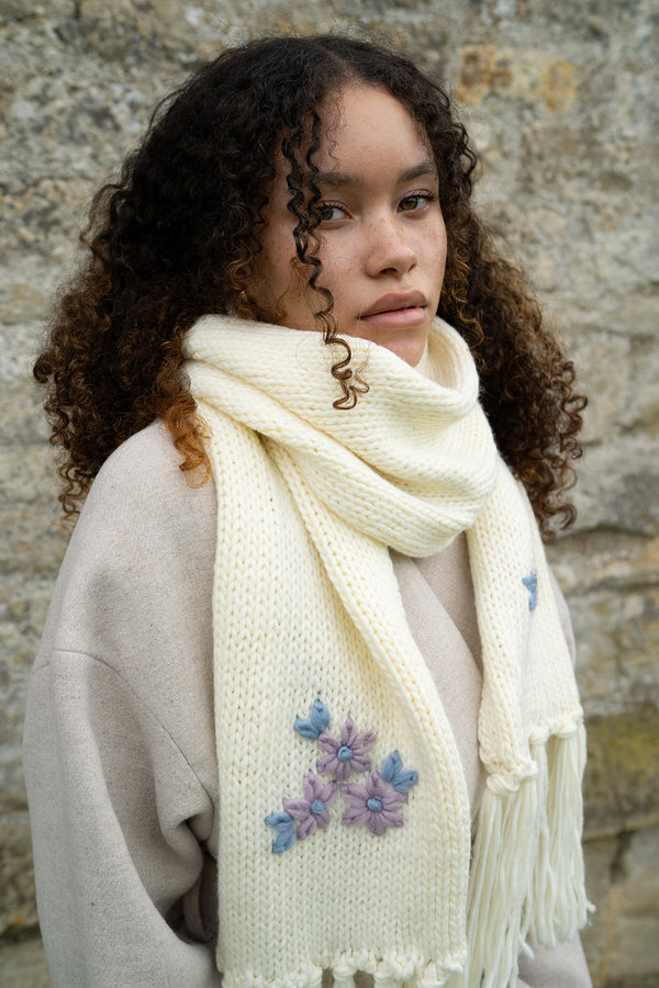 Forget-Me-Not Knitted Cream Scarf