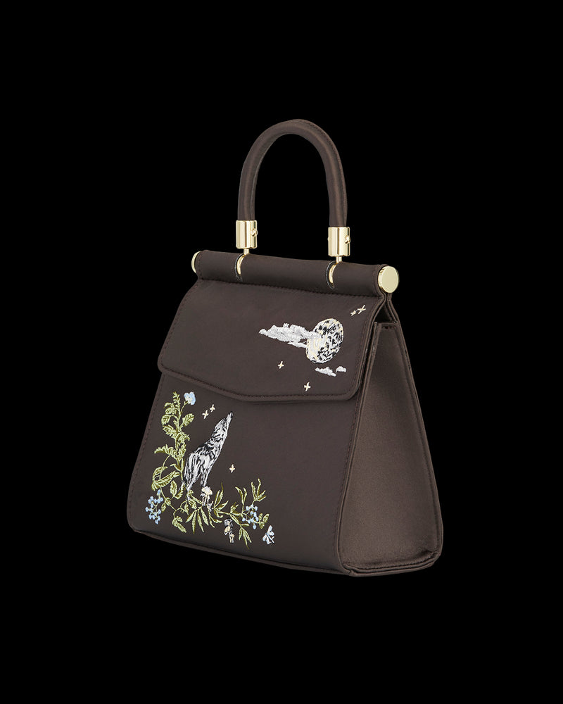 Wolf & Moon Embroidered Charcoal Satin Tote