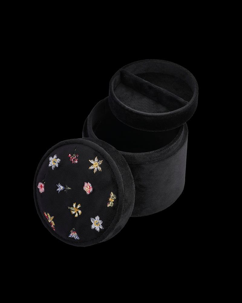 Floral Ditsy Embroidered Black Velvet Jewellery Box