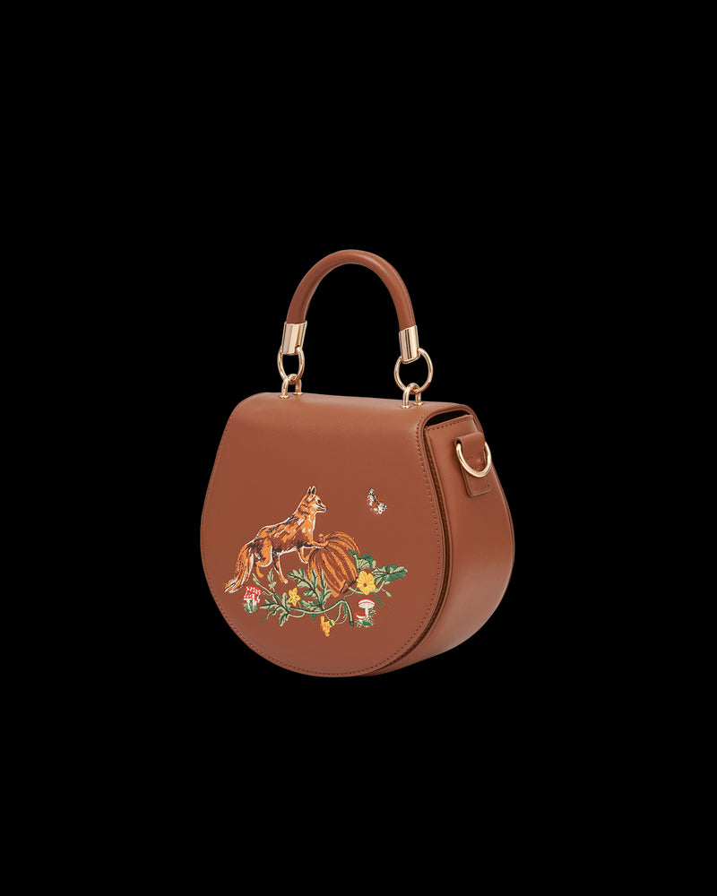 Fox & Pumpkin Embroidered Tan Saddle Bag