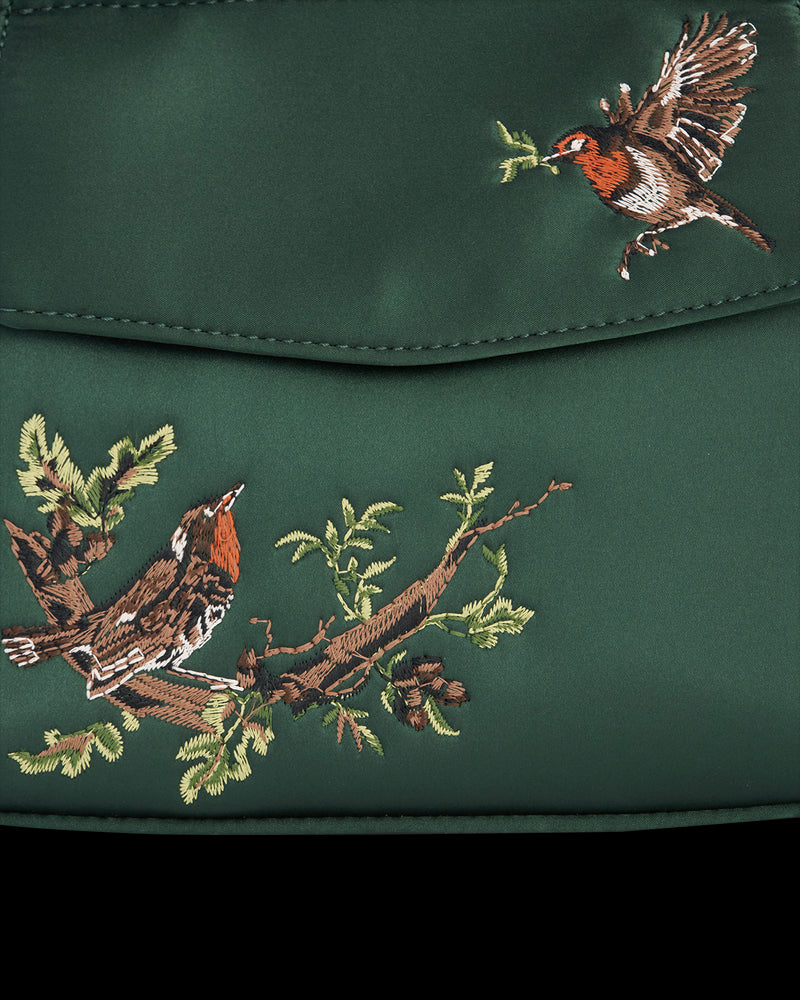 Robin Love Embroidered Green Satin Tote
