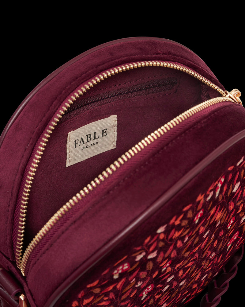 Magical Mushroom Embroidered Burgundy Velvet Circle Bag