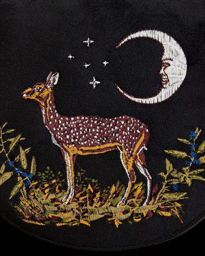 Deer & Moon Velvet - Embroidered Saddle Bag Black