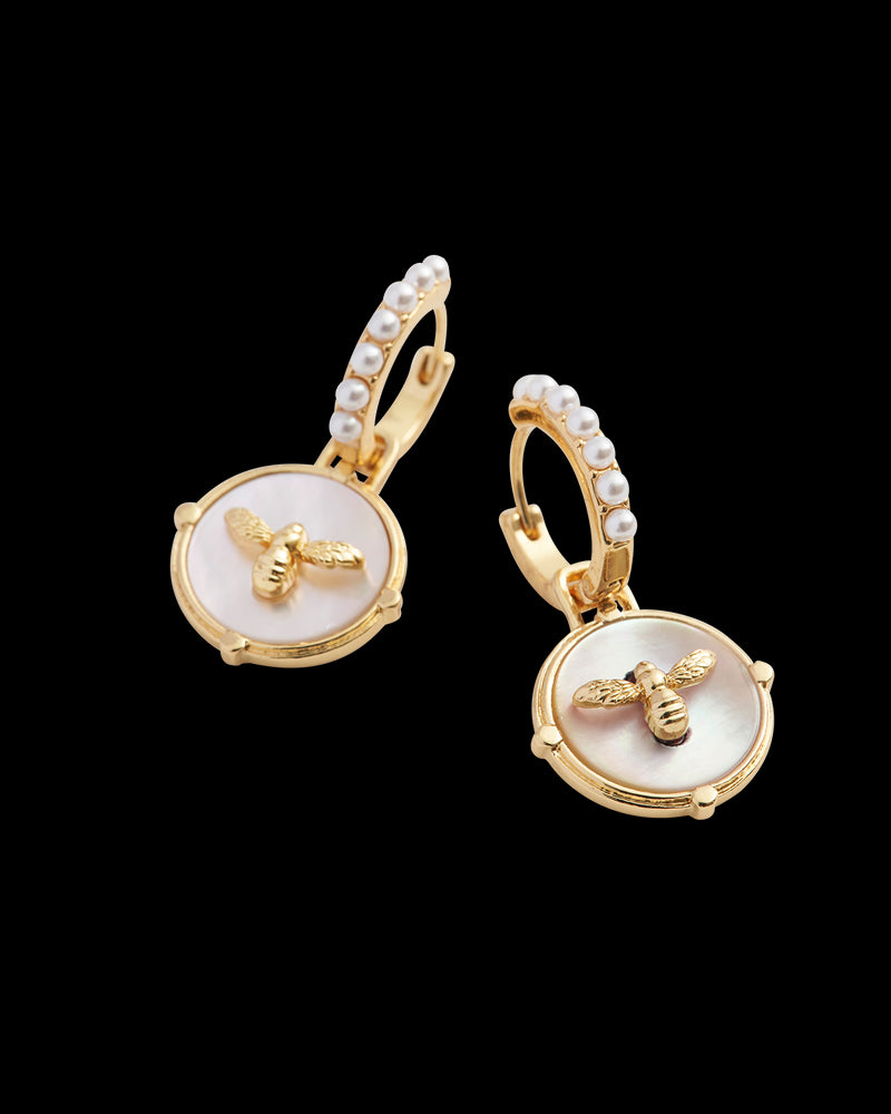 Honey Bee & Pearl Huggie Earrings
