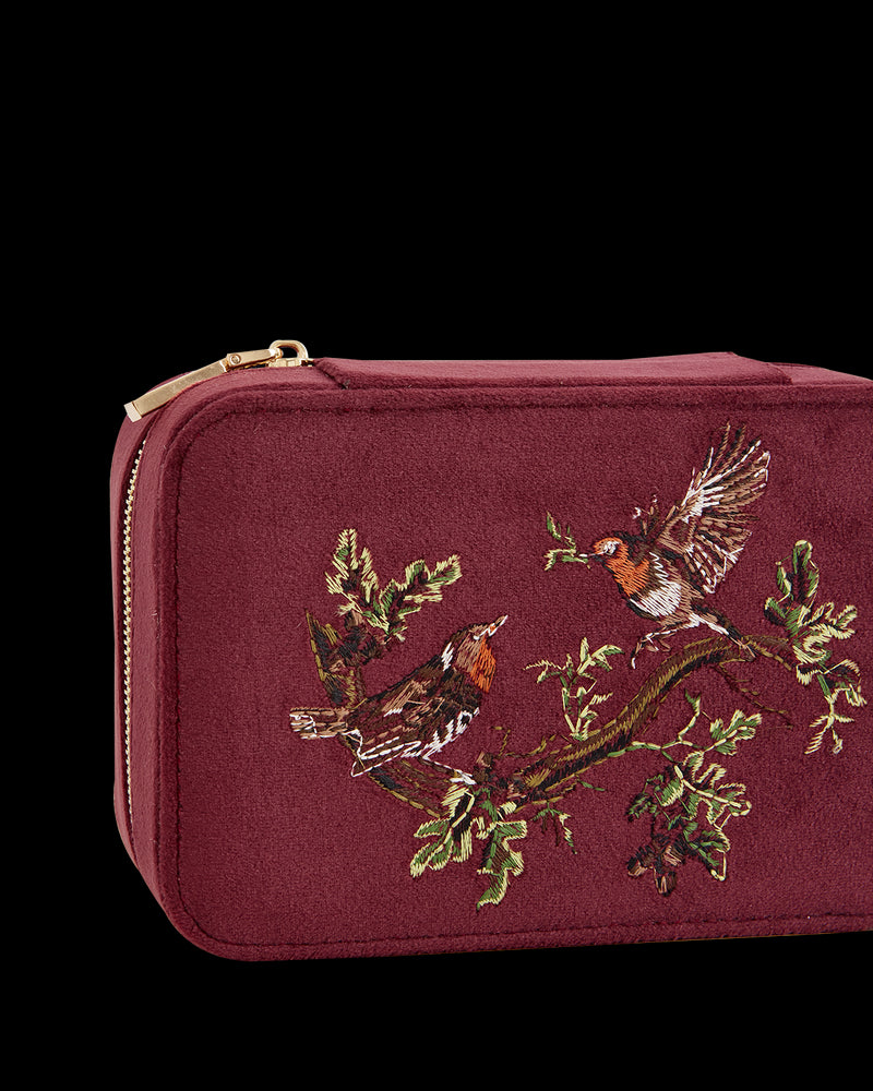 Robin Love Embroidered Large Jewellery Box Redcurrant Velvet