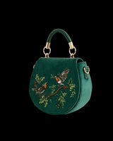 Robin Love Velvet Embroidered Saddle Bag - Fern Green