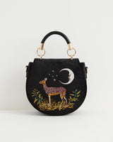 Deer & Moon Velvet - Embroidered Saddle Bag Black