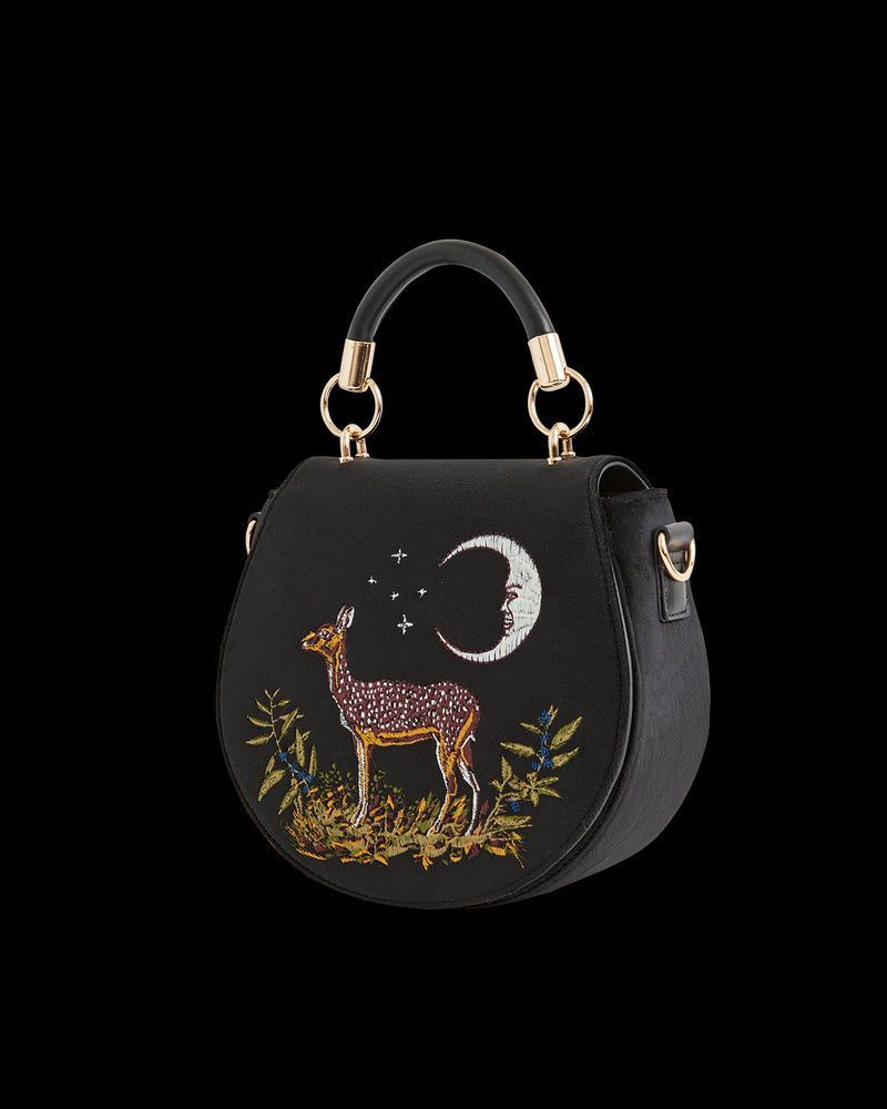 Deer & Moon Velvet - Embroidered Saddle Bag Black