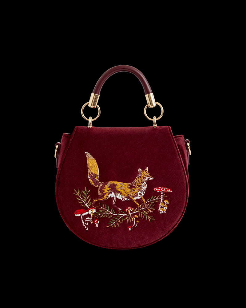 Fox & Mushroom Embroidered Saddle Bag - Redcurrant Velvet