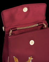 Fox & Mushroom Embroidered Burgundy Satin Tote