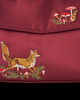 Fox & Mushroom Embroidered Burgundy Satin Tote