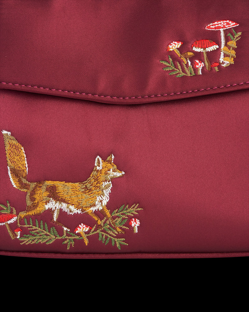 Fox & Mushroom Embroidered Burgundy Satin Tote