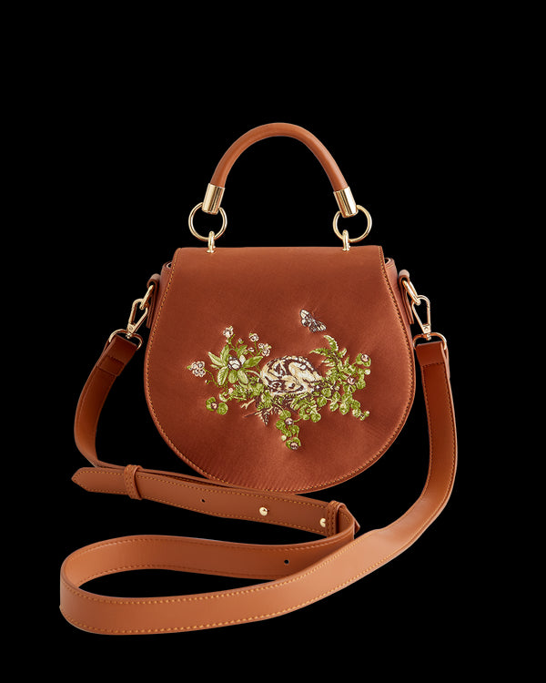 Sleepy Fawn Embroidered Satin Saddle Bag