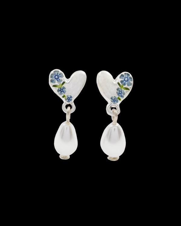 Forget Me Not Heart & Pearl Silver Earrings