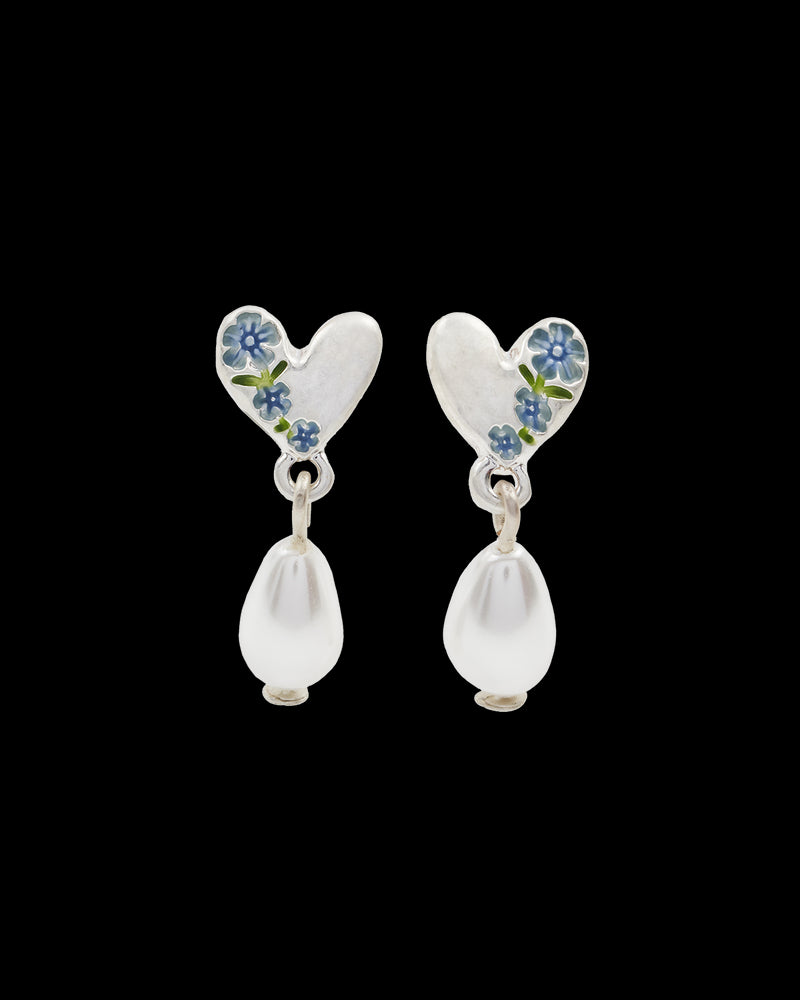 Forget Me Not Heart & Pearl Silver Earrings