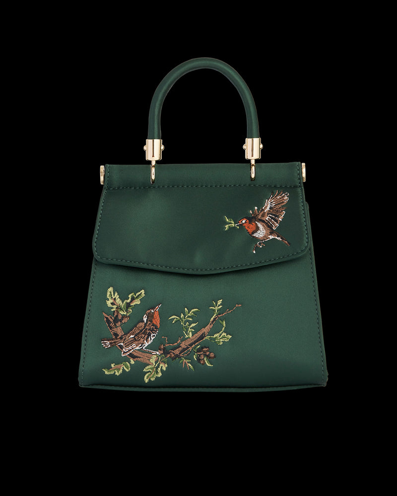 Robin Love Embroidered Green Satin Tote