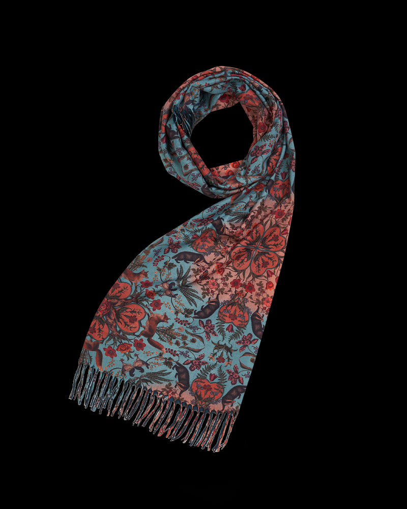 Folksy Fox Teal Scarf with Tassels