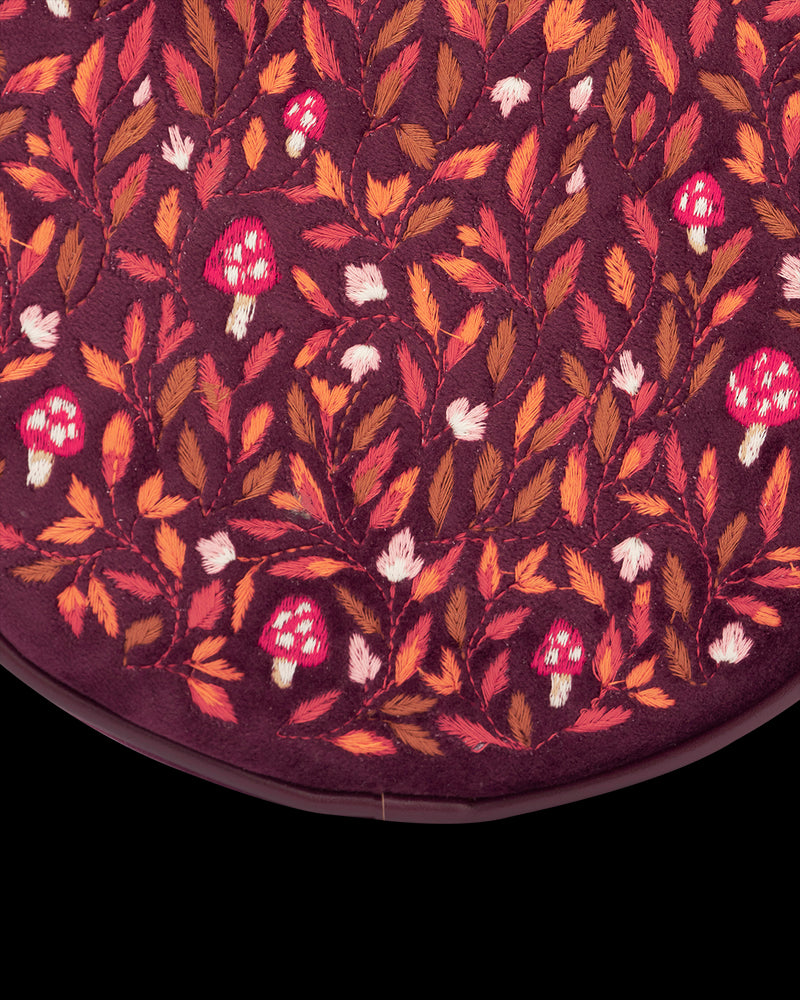 Magical Mushroom Embroidered Burgundy Velvet Circle Bag