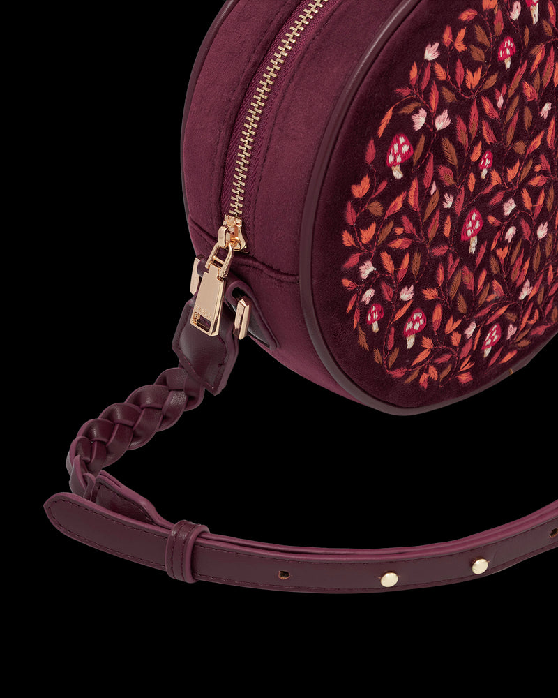 Magical Mushroom Embroidered Burgundy Velvet Circle Bag