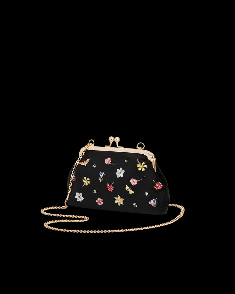 Floral Ditsy Embroidered Black Velvet Clutch Bag