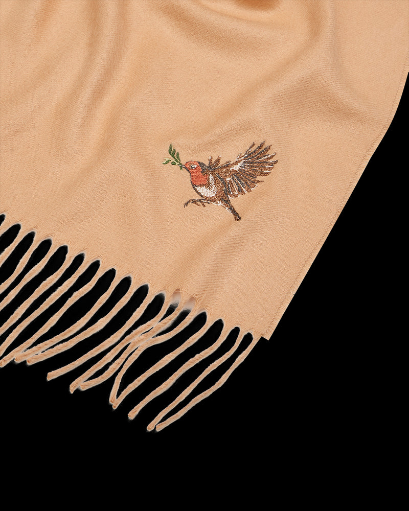 Robin Embroidered Cosy Camel Scarf