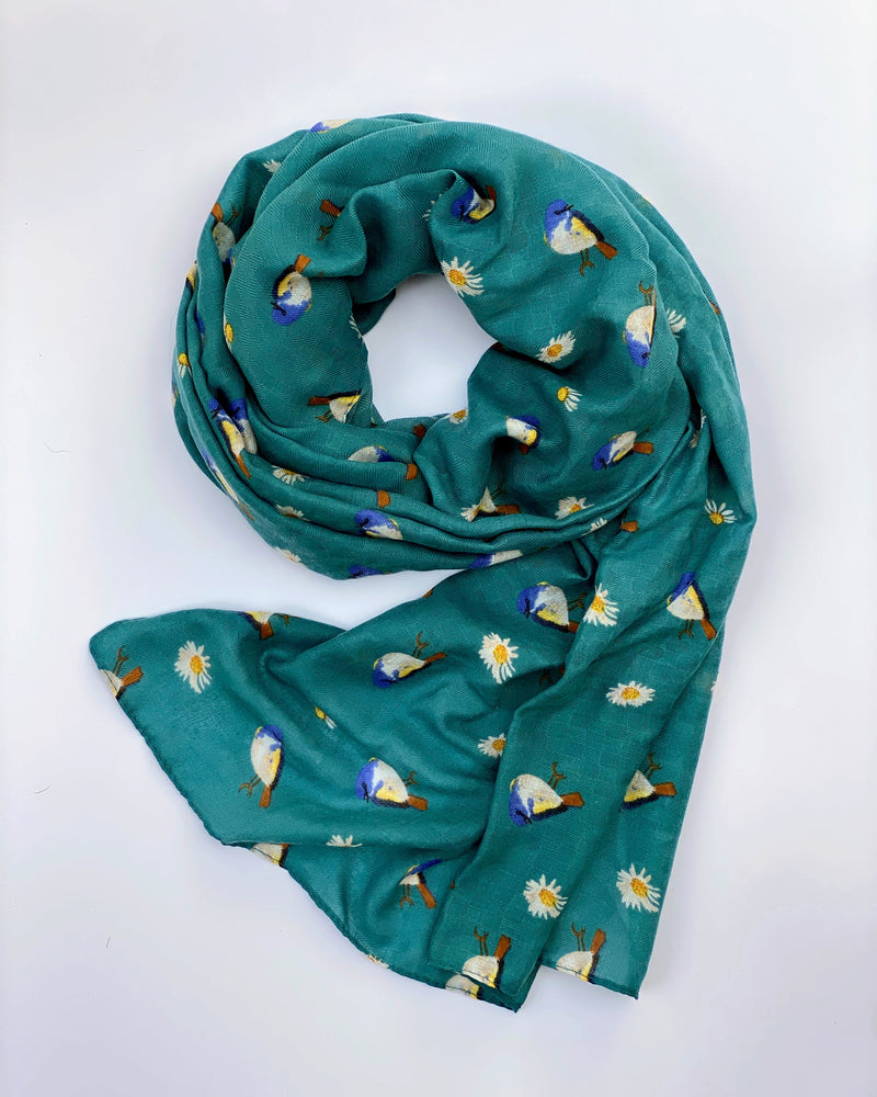 Fable England Teal Daisy and Blue Tit Scarf